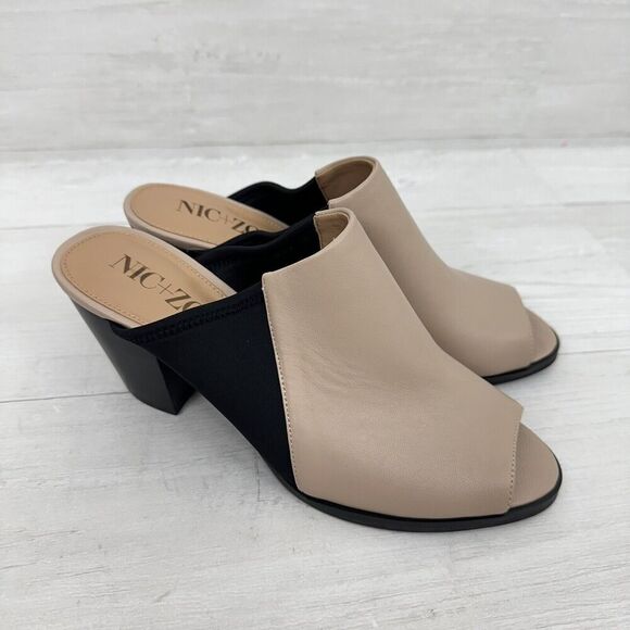 NIC+ZOE Kennedy Mule Women 8 M Tan Black Leather Peep Toe Block Heel Neutral NEW - Picture 2 of 12